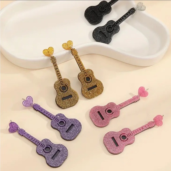 💛Blue Guitar Design Dangle Earrings Simple Classic Style Jewelry Music - Picture 6 of 6